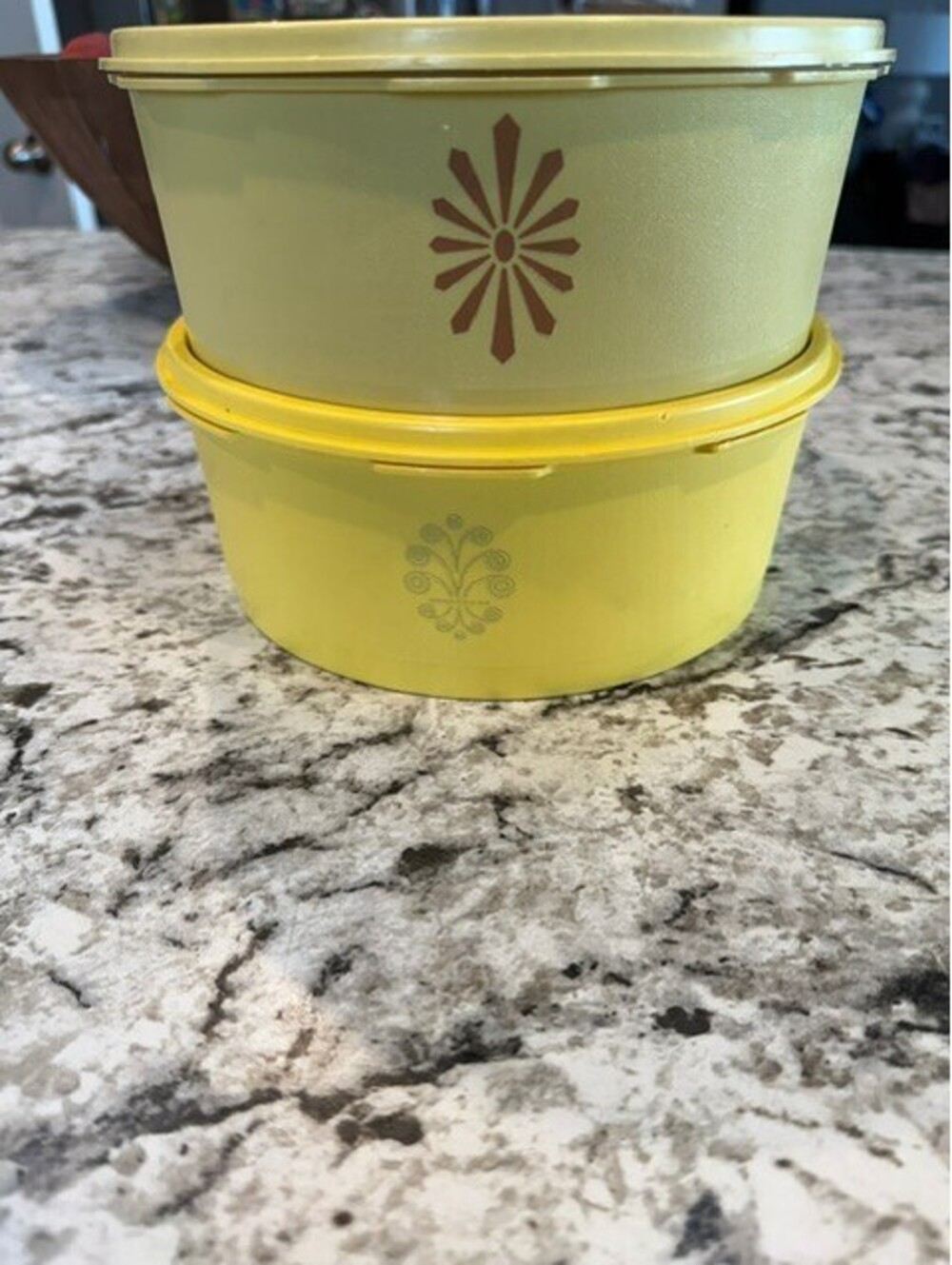 Tupperware Servalier vintage containers in Sunburst and avocado